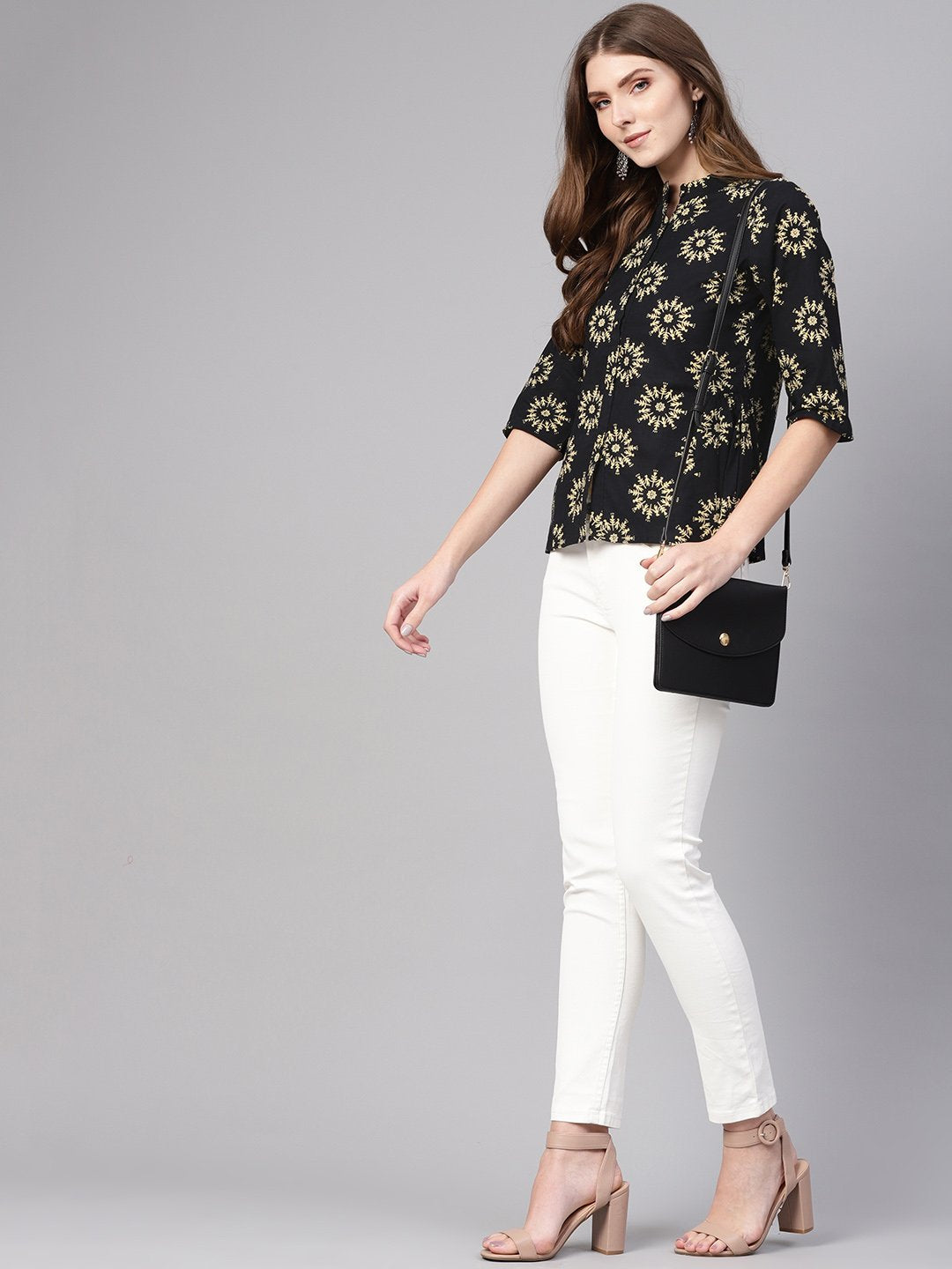 Women Black & Cream-Coloured Printed Shirt Style Top | LASVINI - Redefining Indian Fashion with Elegance
