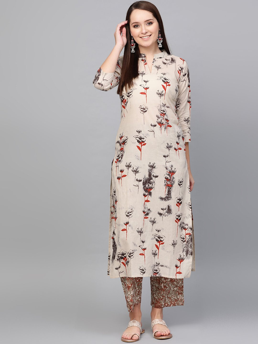 Women Sea Green Three-Quarter Sleeves Printed Straight Pure Cotton Kurta Palazzo Set | LASVINI - Redefining Indian Fashion with Elegance