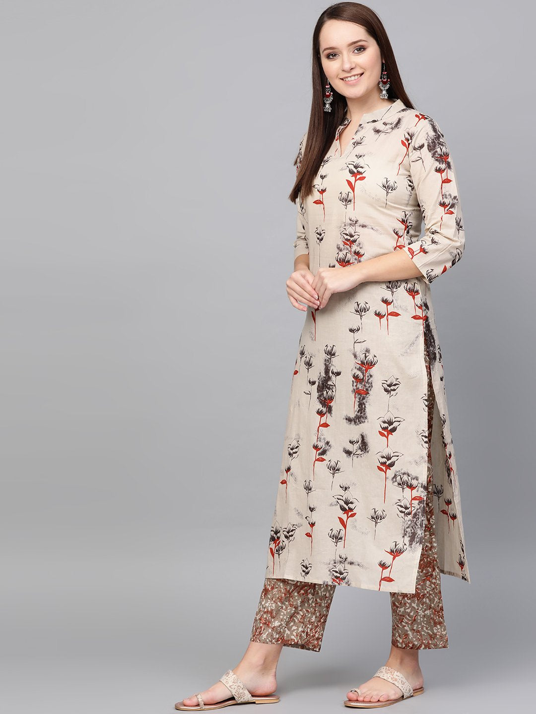 Women Sea Green Three-Quarter Sleeves Printed Straight Pure Cotton Kurta Palazzo Set | LASVINI - Redefining Indian Fashion with Elegance
