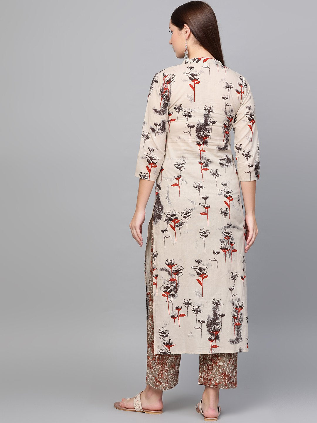 Women Sea Green Three-Quarter Sleeves Printed Straight Pure Cotton Kurta Palazzo Set | LASVINI - Redefining Indian Fashion with Elegance