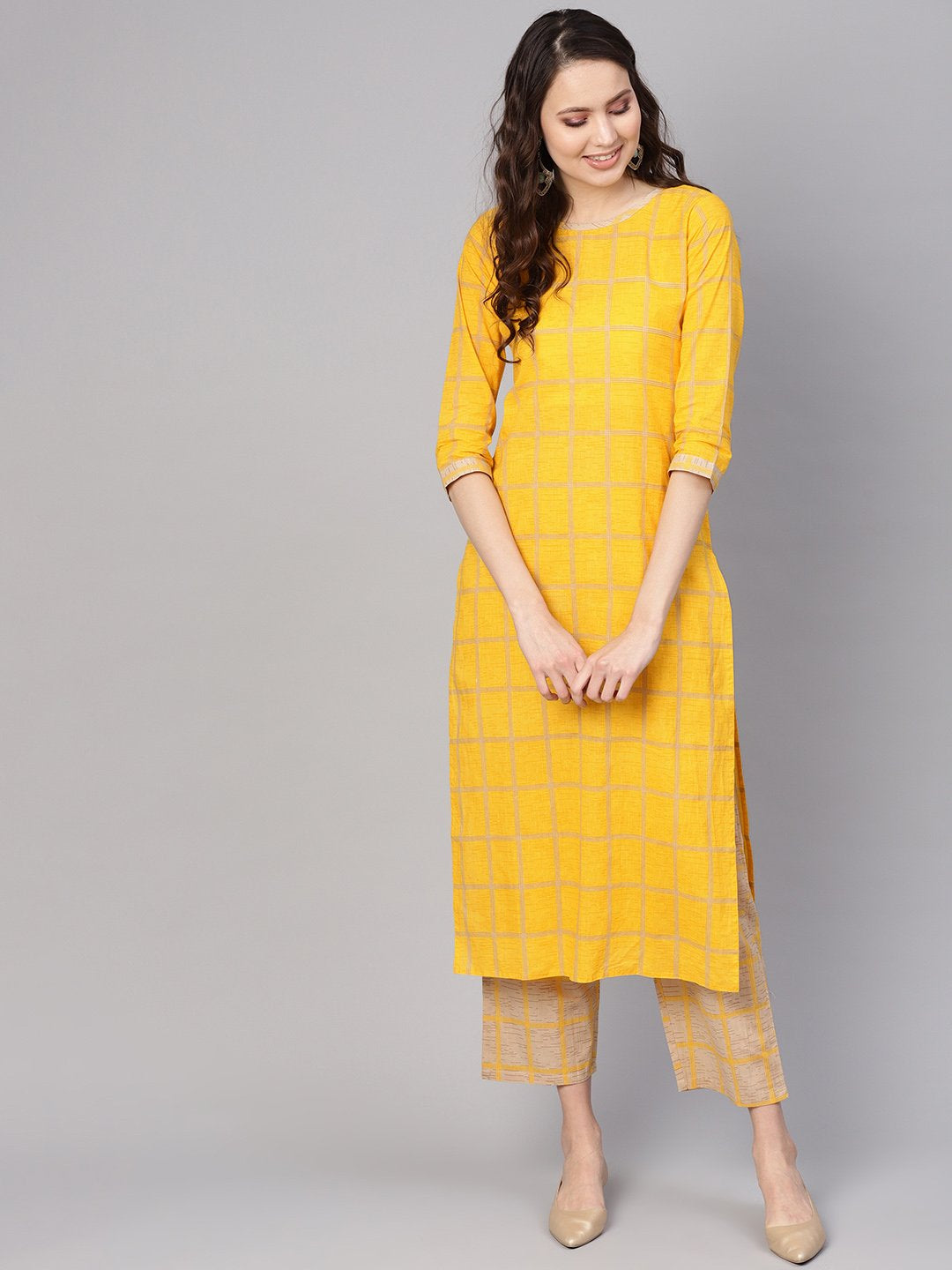 Women Yellow & Beige Checked Kurta With Trousers | LASVINI - Redefining Indian Fashion with Elegance