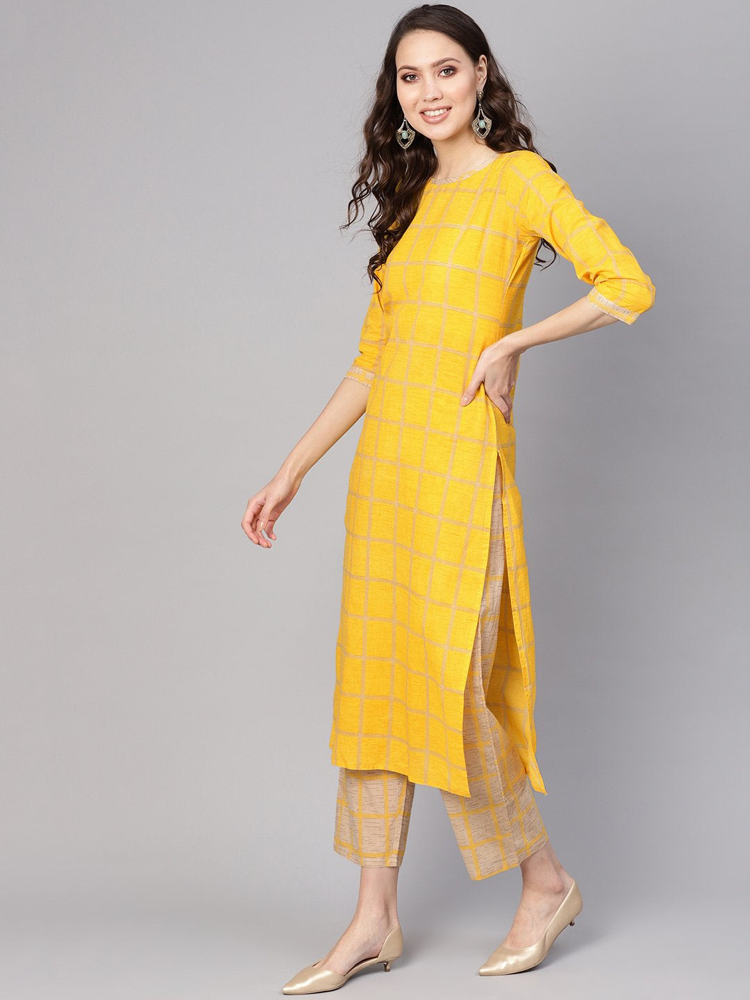 Women Yellow & Beige Checked Kurta With Trousers | LASVINI - Redefining Indian Fashion with Elegance