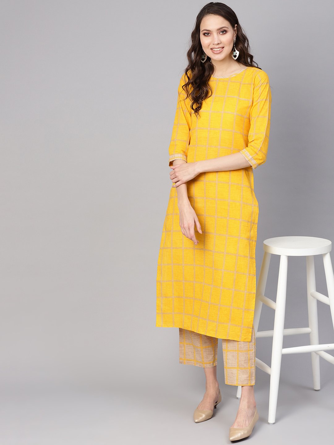Women Yellow & Beige Checked Kurta With Trousers | LASVINI - Redefining Indian Fashion with Elegance