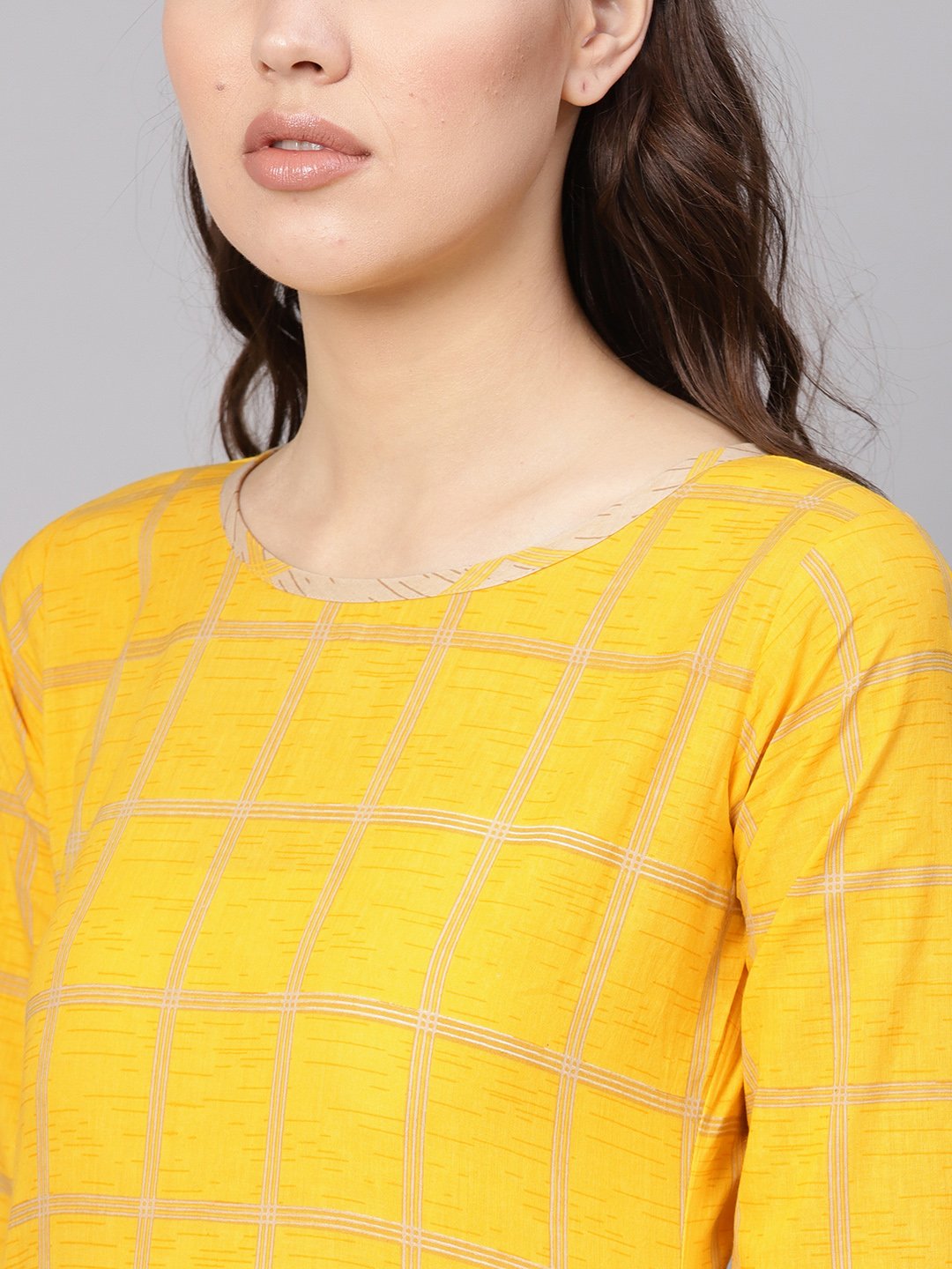 Women Yellow & Beige Checked Kurta With Trousers | LASVINI - Redefining Indian Fashion with Elegance