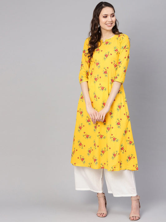 Women Yellow & White Printed Kurta With Palazzos | LASVINI - Redefining Indian Fashion with Elegance
