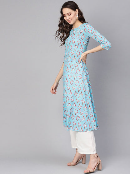 Women Blue & White Printed Kurta With Palazzos | LASVINI - Redefining Indian Fashion with Elegance