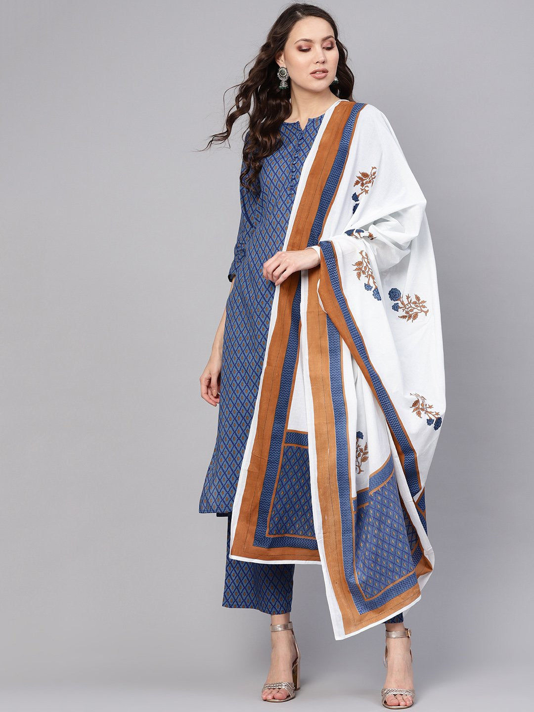 Women Blue & White Printed Kurta With Trousers & Dupatta | LASVINI - Redefining Indian Fashion with Elegance