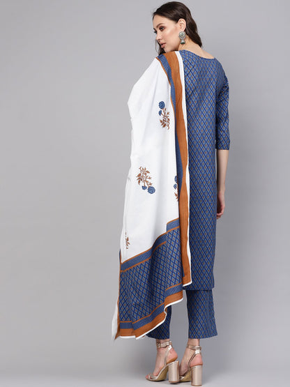 Women Blue & White Printed Kurta With Trousers & Dupatta | LASVINI - Redefining Indian Fashion with Elegance