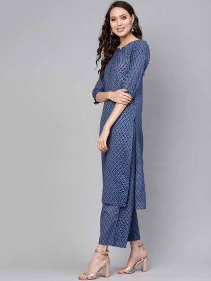 Women Blue & White Printed Kurta With Trousers & Dupatta | LASVINI - Redefining Indian Fashion with Elegance