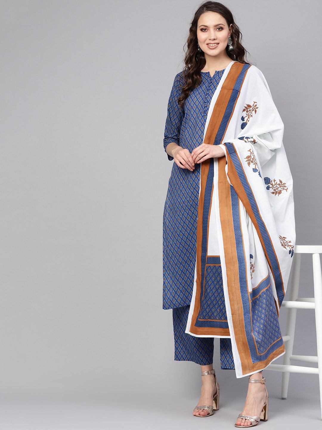 Women Blue & White Printed Kurta With Trousers & Dupatta | LASVINI - Redefining Indian Fashion with Elegance
