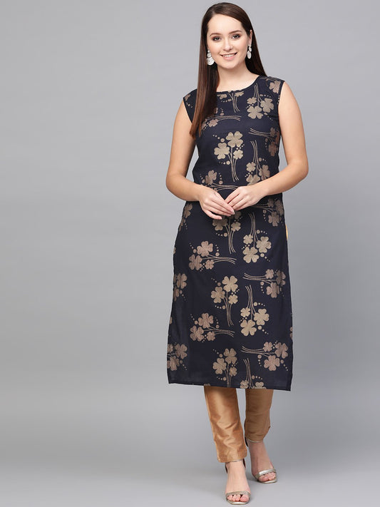 Black Gold Printed Round Neck Cotton Straight Kurta | LASVINI - Redefining Indian Fashion with Elegance