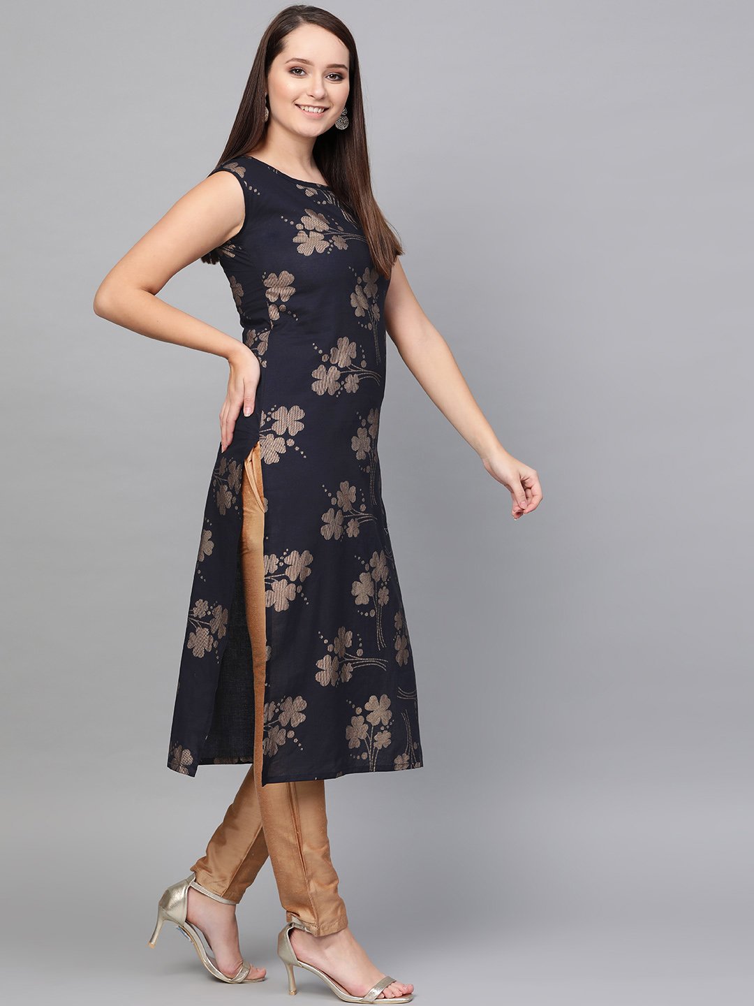 Black Gold Printed Round Neck Cotton Straight Kurta | LASVINI - Redefining Indian Fashion with Elegance