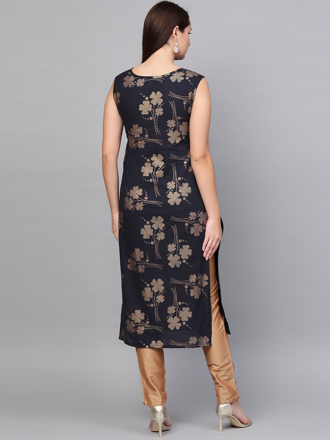 Black Gold Printed Round Neck Cotton Straight Kurta | LASVINI - Redefining Indian Fashion with Elegance