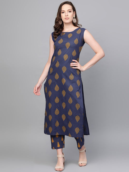 Women Navy Blue Sleeveless Printed Straight Pure Cotton Kurta With Trouser Set | LASVINI - Redefining Indian Fashion with Elegance