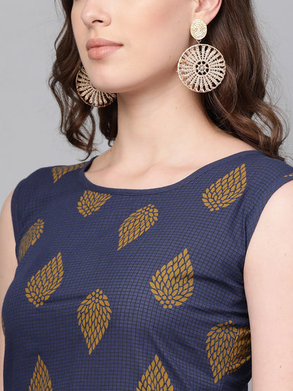 Women Navy Blue Sleeveless Printed Straight Pure Cotton Kurta With Trouser Set | LASVINI - Redefining Indian Fashion with Elegance