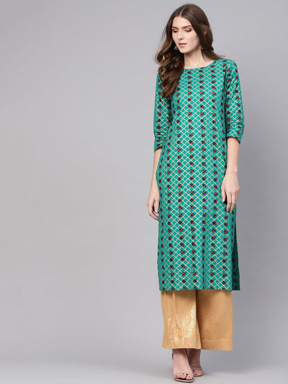 Women Green & Brown Printed Straight Kurta | LASVINI - Redefining Indian Fashion with Elegance
