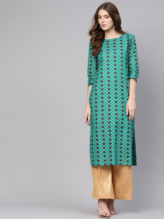 Women Green & Brown Printed Straight Kurta | LASVINI - Redefining Indian Fashion with Elegance