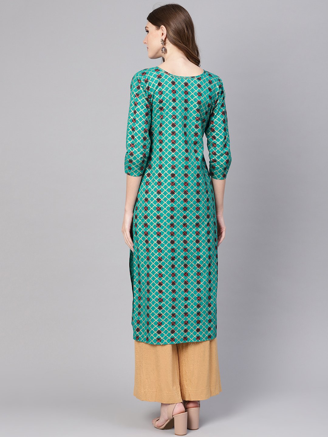 Women Green & Brown Printed Straight Kurta | LASVINI - Redefining Indian Fashion with Elegance