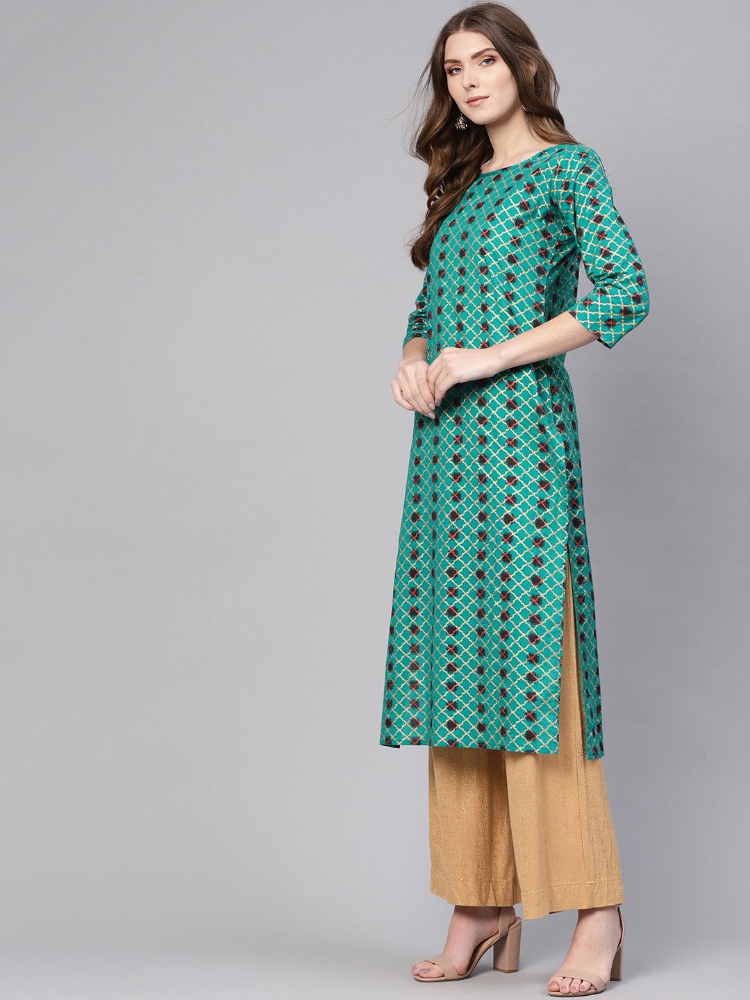 Women Green & Brown Printed Straight Kurta | LASVINI - Redefining Indian Fashion with Elegance