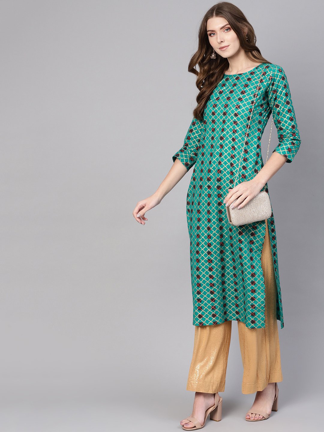 Women Green & Brown Printed Straight Kurta | LASVINI - Redefining Indian Fashion with Elegance