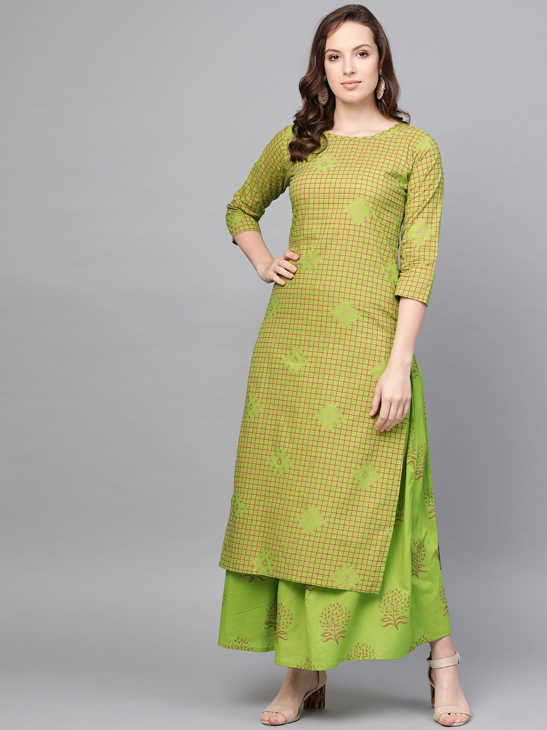 Women Green Three-Quarter Sleeves Printed Straight Pure Cotton Kurta Skirt Set | LASVINI - Redefining Indian Fashion with Elegance