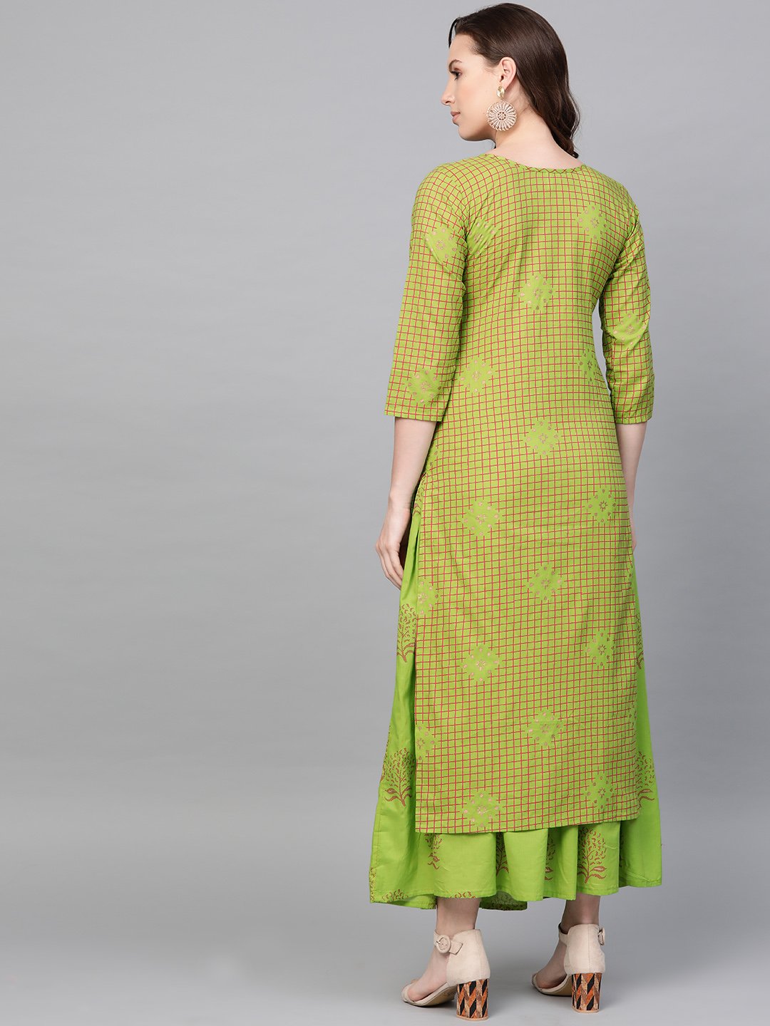 Women Green Three-Quarter Sleeves Printed Straight Pure Cotton Kurta Skirt Set | LASVINI - Redefining Indian Fashion with Elegance