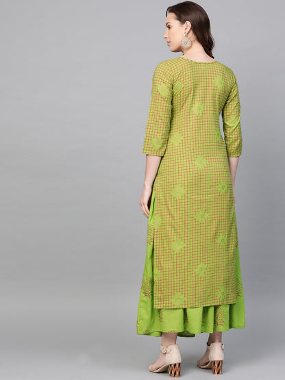 Women Green Three-Quarter Sleeves Printed Straight Pure Cotton Kurta Skirt Set | LASVINI - Redefining Indian Fashion with Elegance