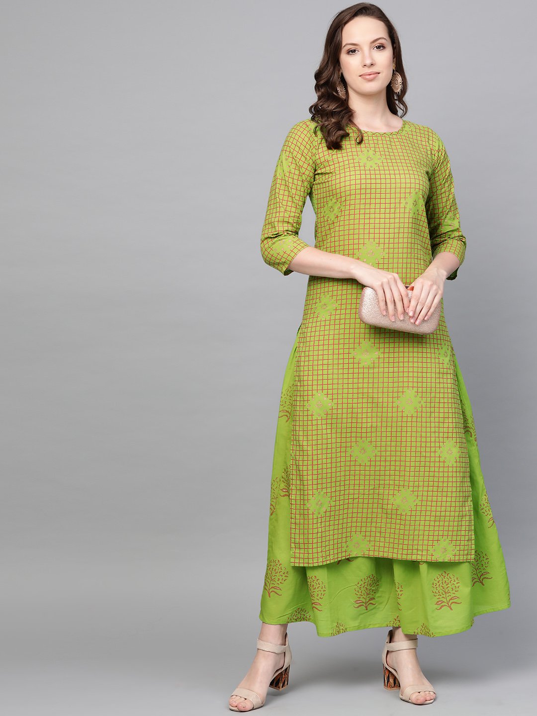 Women Green Three-Quarter Sleeves Printed Straight Pure Cotton Kurta Skirt Set | LASVINI - Redefining Indian Fashion with Elegance