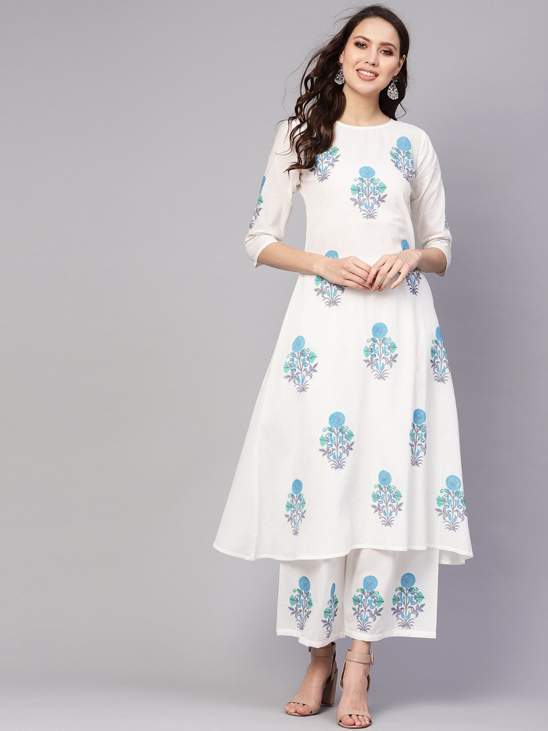 Women White & Blue Printed Kurta With Palazzos | LASVINI - Redefining Indian Fashion with Elegance