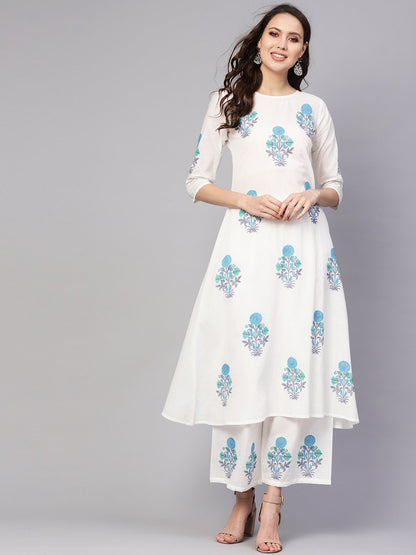 Women White & Blue Printed Kurta With Palazzos | LASVINI - Redefining Indian Fashion with Elegance