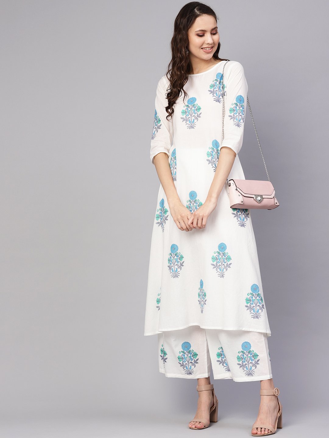 Women White & Blue Printed Kurta With Palazzos | LASVINI - Redefining Indian Fashion with Elegance