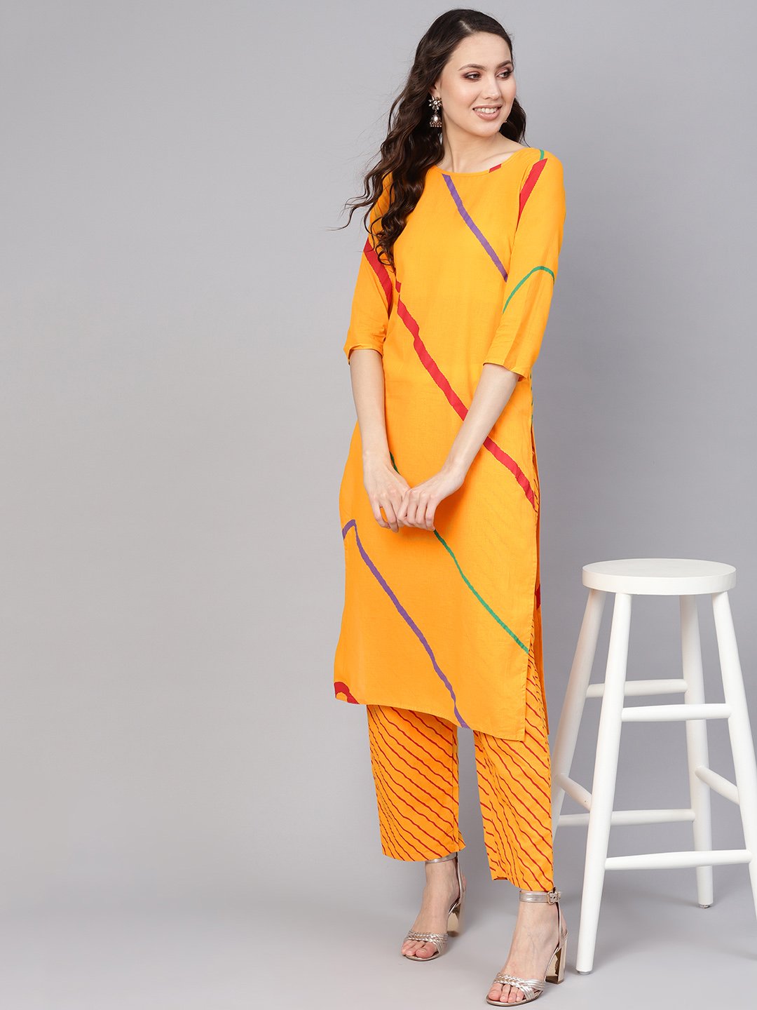 Women Yellow Printed Kurta With Trousers | LASVINI - Redefining Indian Fashion with Elegance