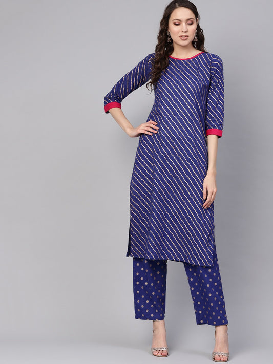 Women Blue & Golden Leheriya Print Kurta With Trousers | LASVINI - Redefining Indian Fashion with Elegance