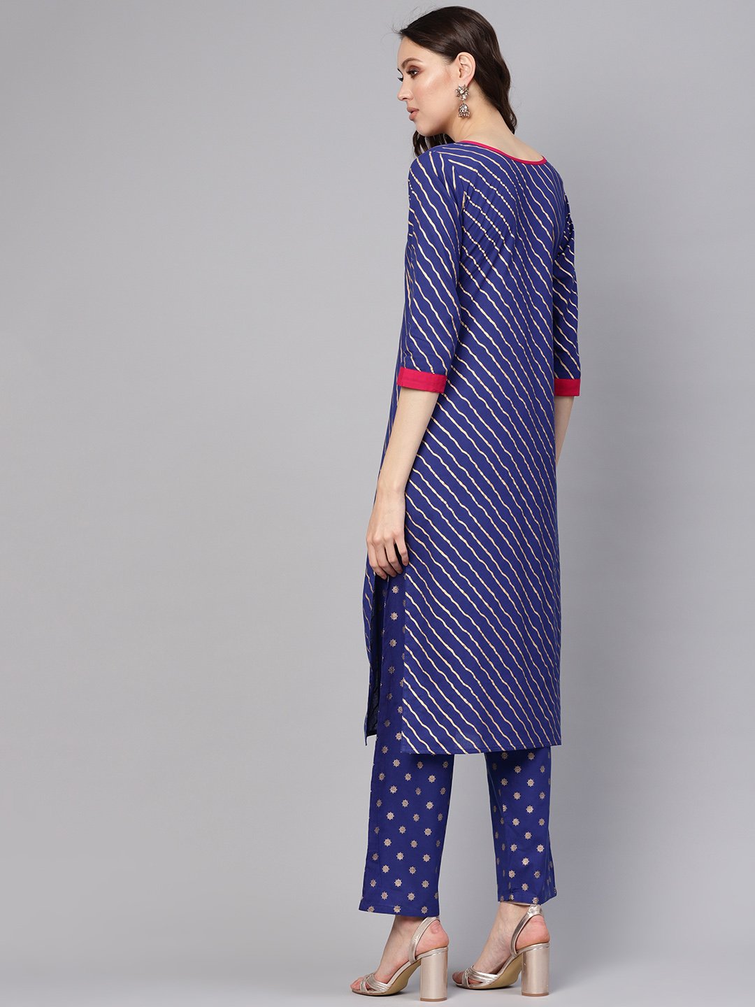 Women Blue & Golden Leheriya Print Kurta With Trousers | LASVINI - Redefining Indian Fashion with Elegance