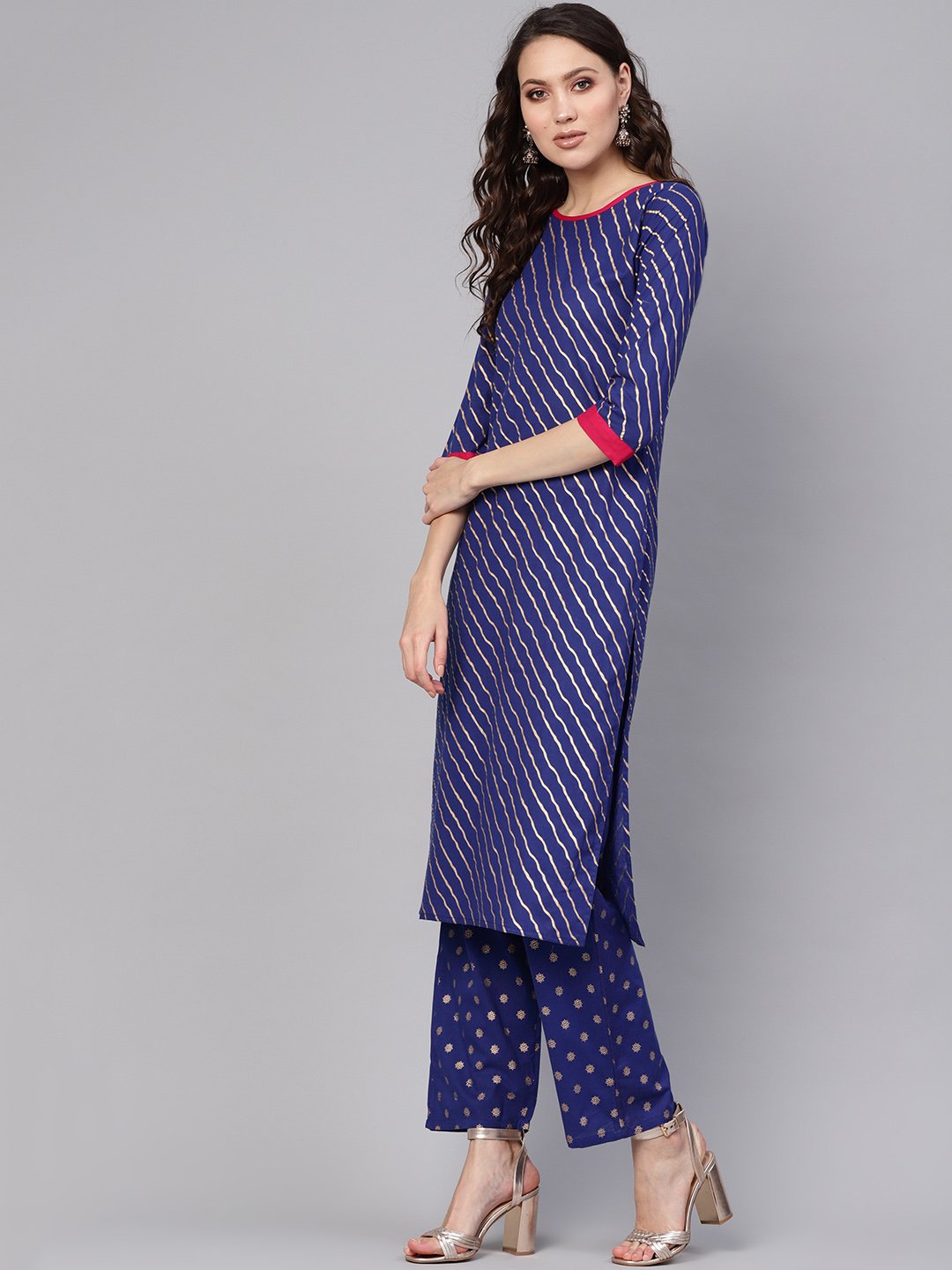 Women Blue & Golden Leheriya Print Kurta With Trousers | LASVINI - Redefining Indian Fashion with Elegance