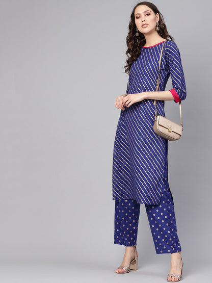 Women Blue & Golden Leheriya Print Kurta With Trousers | LASVINI - Redefining Indian Fashion with Elegance