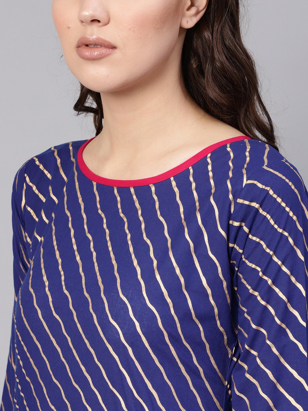 Women Blue & Golden Leheriya Print Kurta With Trousers | LASVINI - Redefining Indian Fashion with Elegance