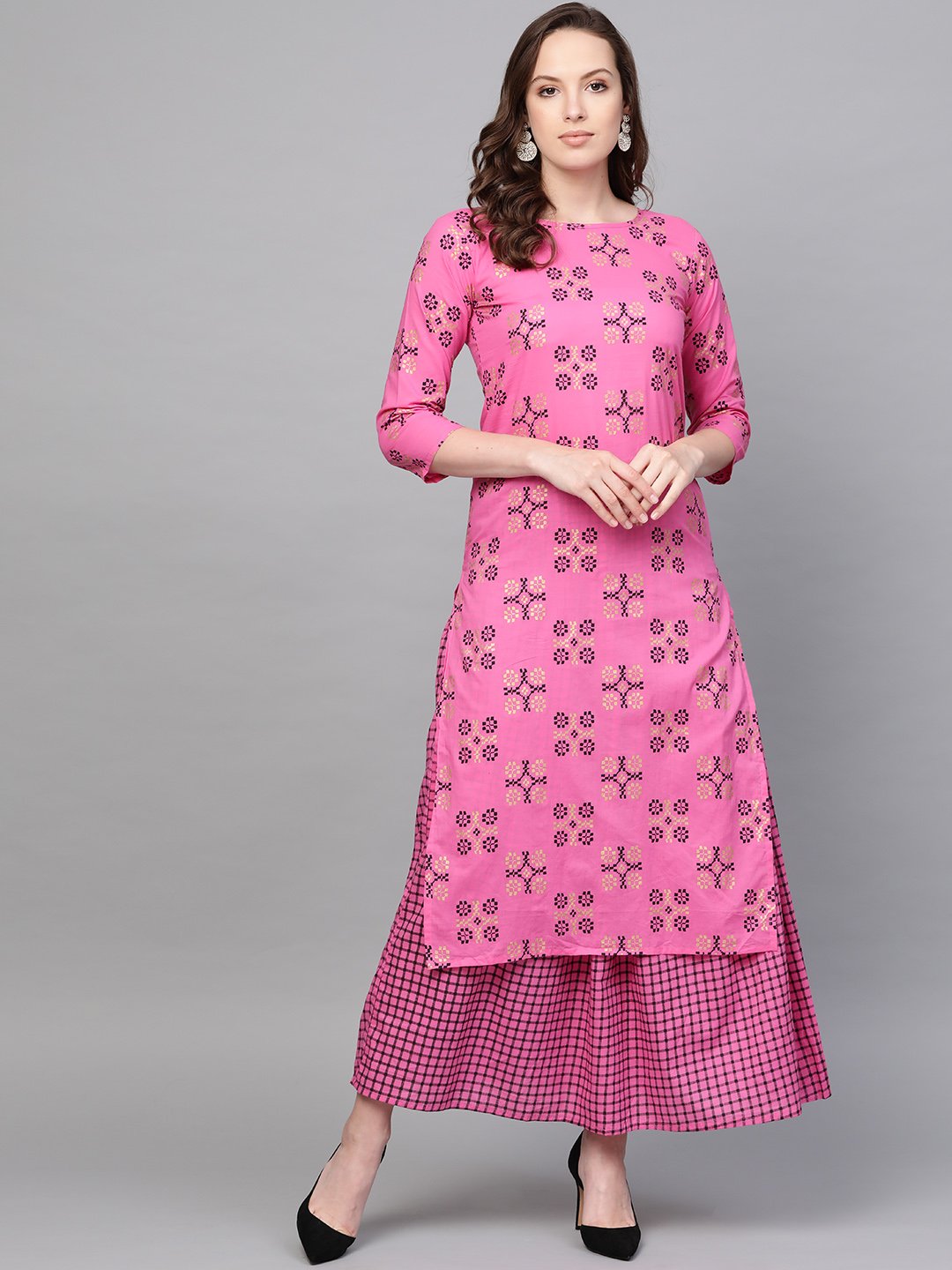 Women Pink Three-Quarter Sleeves Printed Straight Pure Cotton Kurta And Skirt Set | LASVINI - Redefining Indian Fashion with Elegance