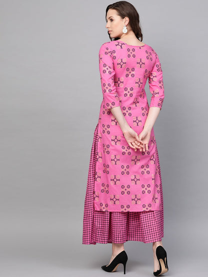 Women Pink Three-Quarter Sleeves Printed Straight Pure Cotton Kurta And Skirt Set | LASVINI - Redefining Indian Fashion with Elegance