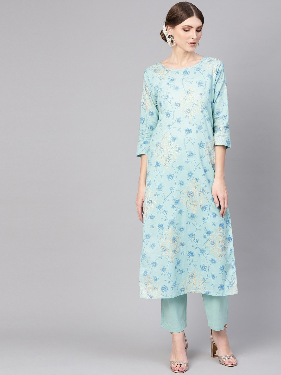 Women Blue Printed Kurta With Trousers | LASVINI - Redefining Indian Fashion with Elegance