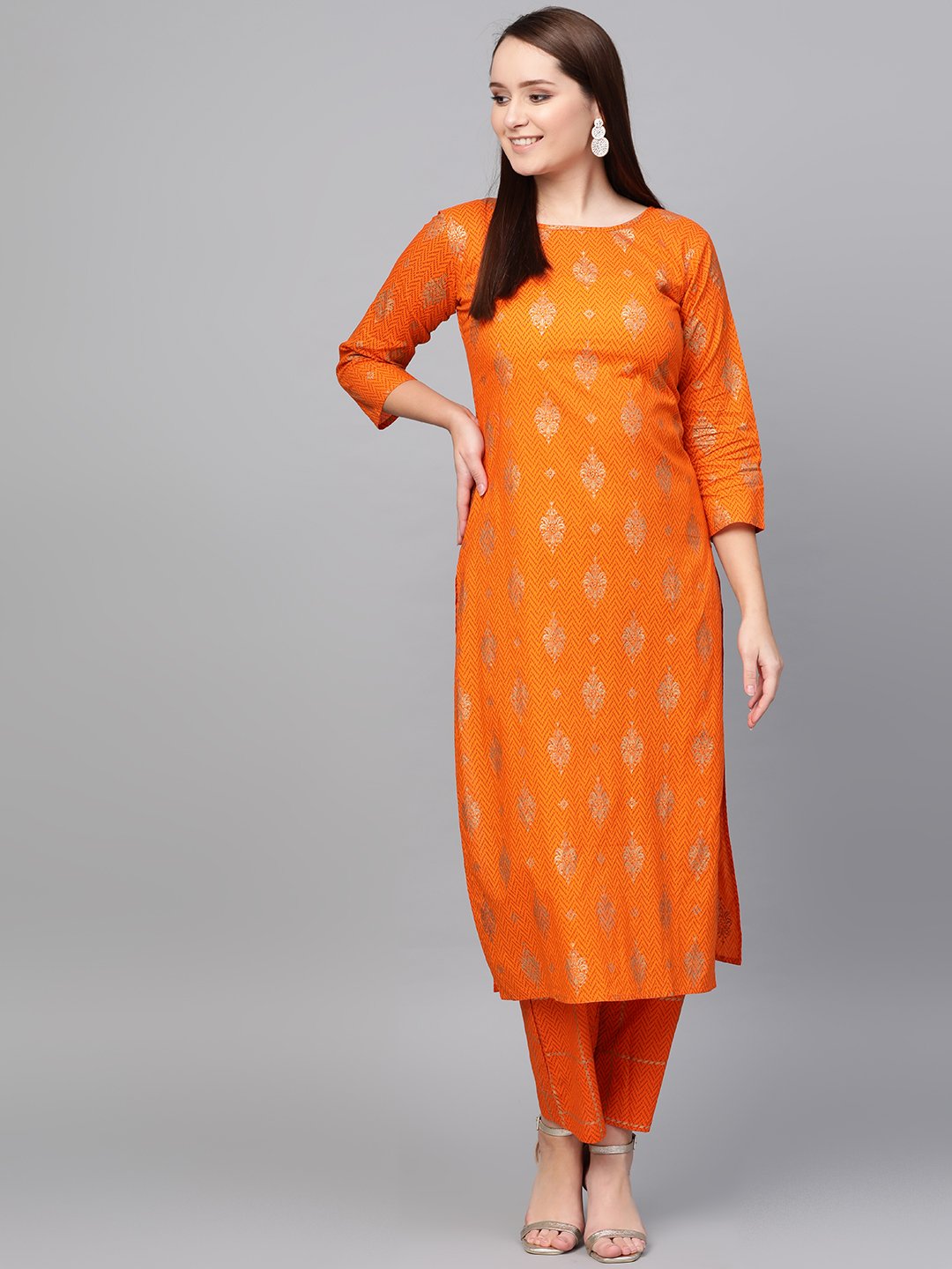 Women Mustard Three-Quarter Sleeves Printed Straight Pure Cotton Kurta With Trouser Set | LASVINI - Redefining Indian Fashion with Elegance