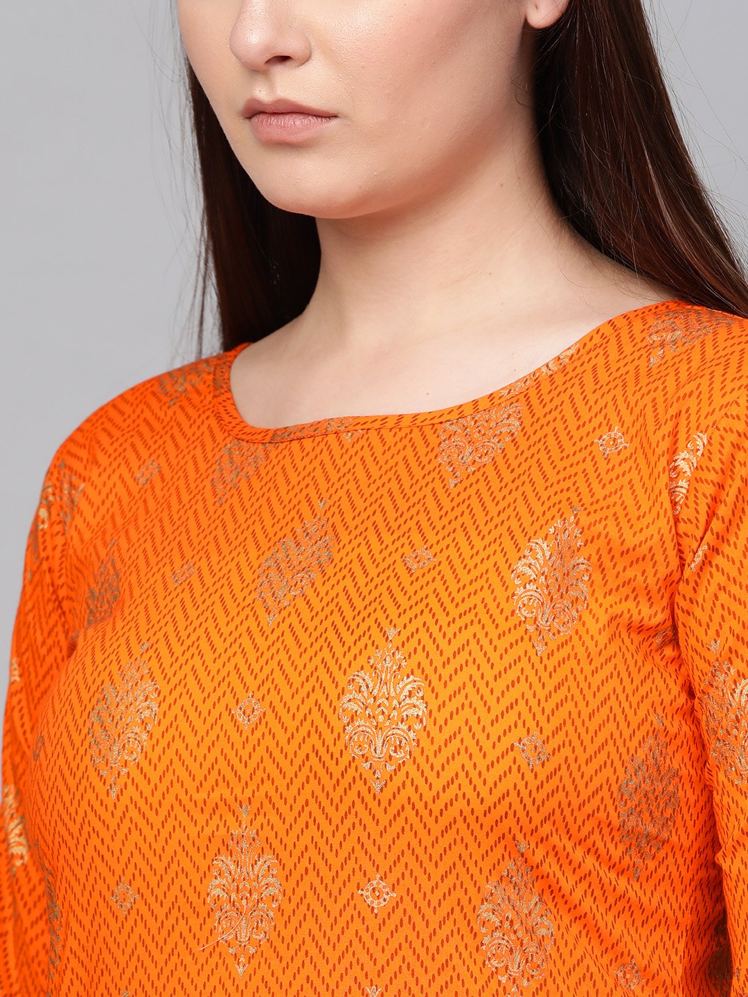 Women Mustard Three-Quarter Sleeves Printed Straight Pure Cotton Kurta With Trouser Set | LASVINI - Redefining Indian Fashion with Elegance