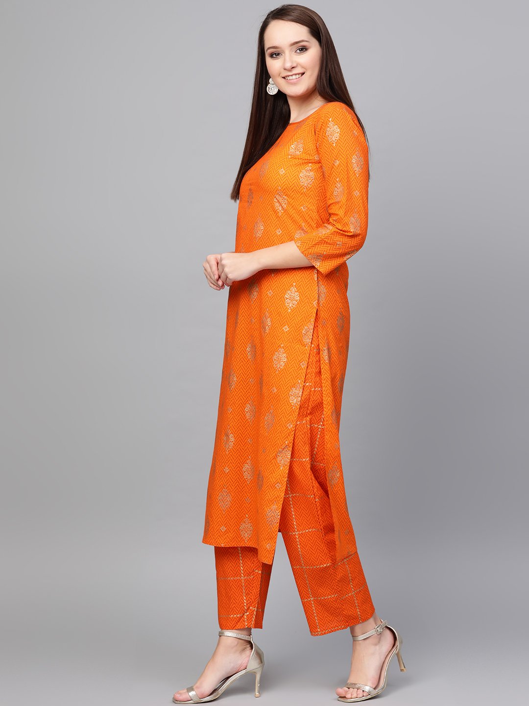 Women Mustard Three-Quarter Sleeves Printed Straight Pure Cotton Kurta With Trouser Set | LASVINI - Redefining Indian Fashion with Elegance