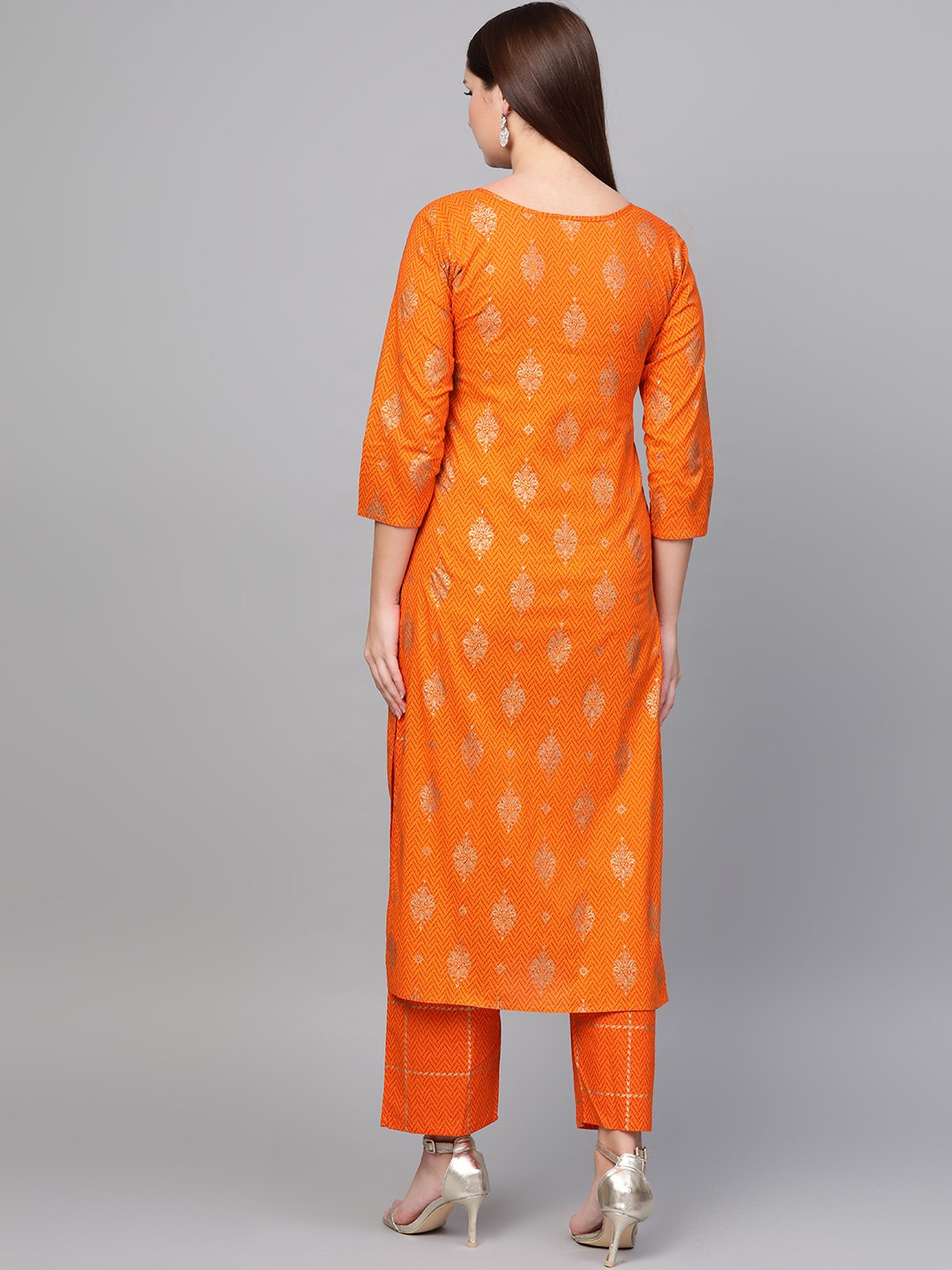 Women Mustard Three-Quarter Sleeves Printed Straight Pure Cotton Kurta With Trouser Set | LASVINI - Redefining Indian Fashion with Elegance