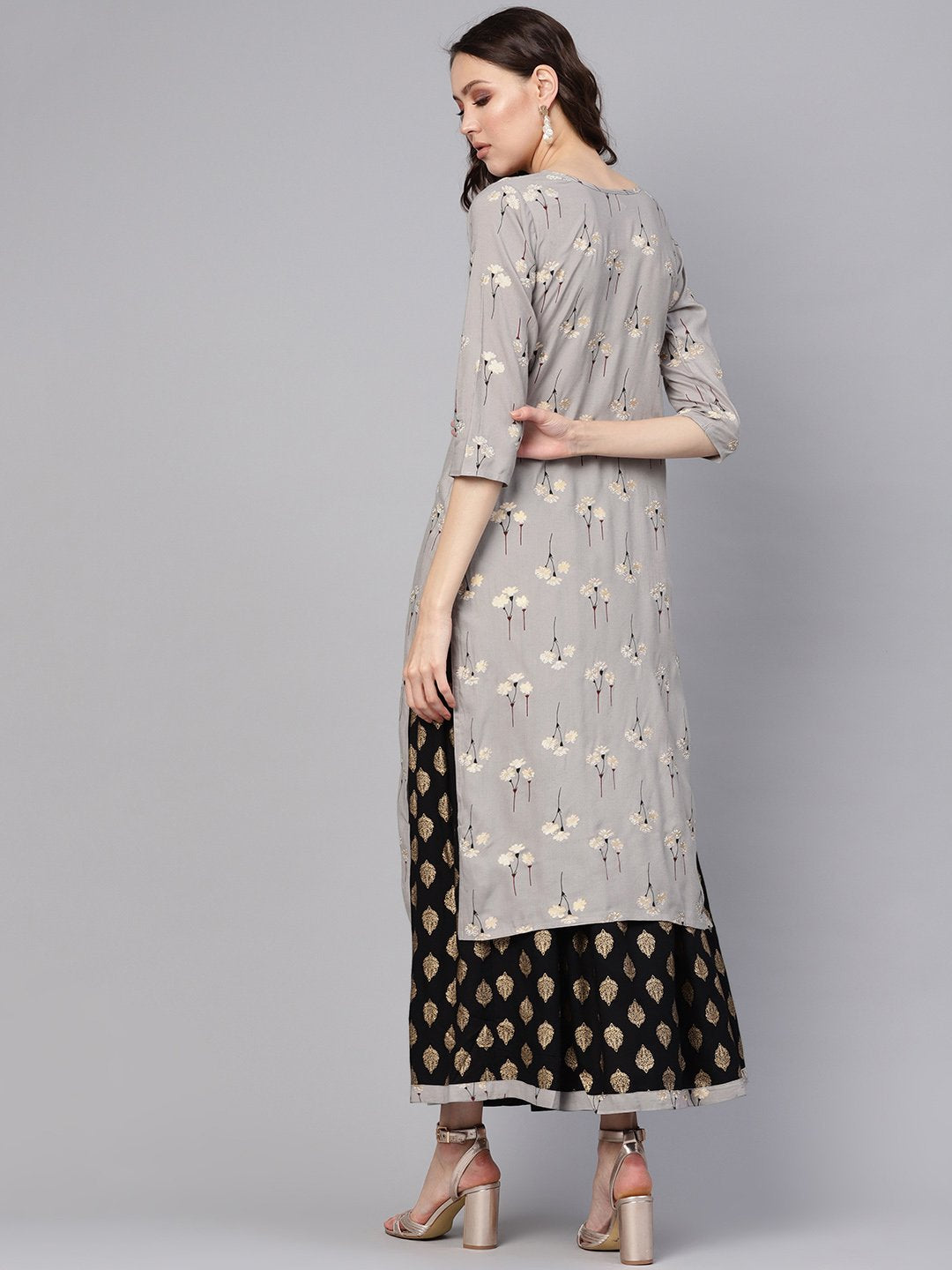 Women Charcoal Grey & Black Printed Kurta With Skirt | LASVINI - Redefining Indian Fashion with Elegance