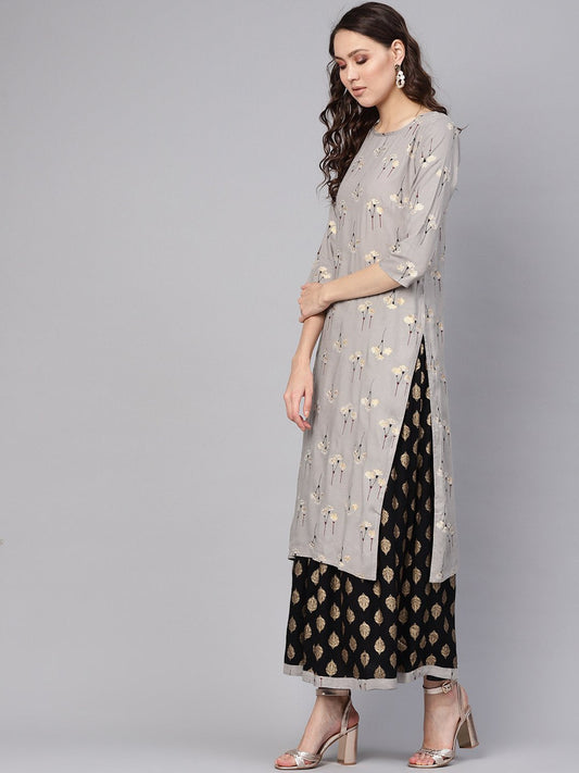 Women Charcoal Grey & Black Printed Kurta With Skirt | LASVINI - Redefining Indian Fashion with Elegance