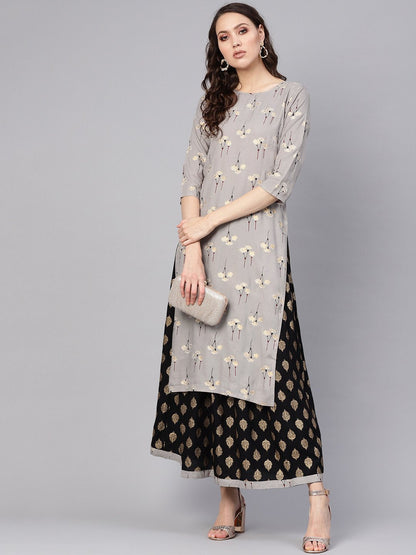 Women Charcoal Grey & Black Printed Kurta With Skirt | LASVINI - Redefining Indian Fashion with Elegance