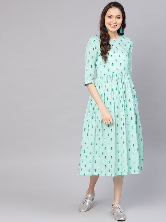 Women Green Printed A-Line Dress | LASVINI - Redefining Indian Fashion with Elegance