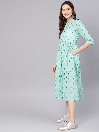 Women Green Printed A-Line Dress | LASVINI - Redefining Indian Fashion with Elegance