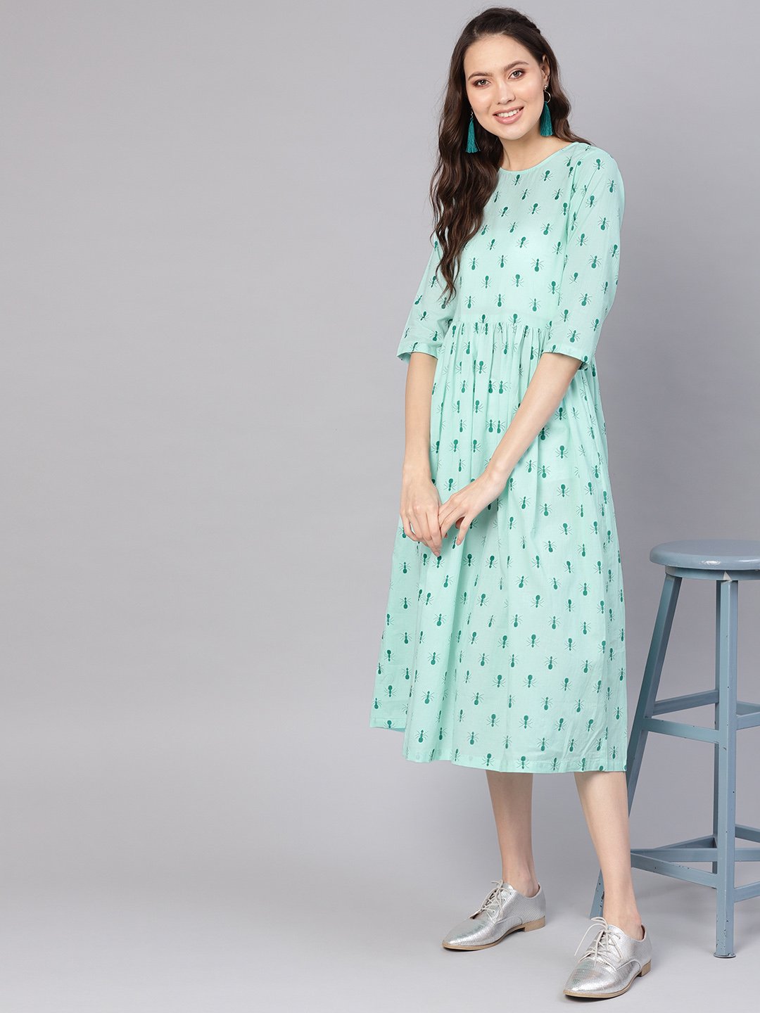 Women Green Printed A-Line Dress | LASVINI - Redefining Indian Fashion with Elegance